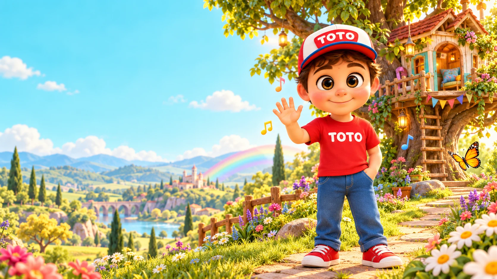 Toto fait coucou devant sa cabane dans un jardin fleuri